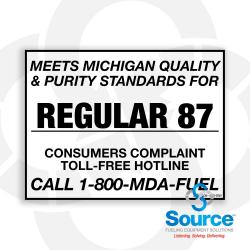 4 Inch Wide x 3 Inch Tall Michigan Fuel Quality Standards 87 Vinyl Decal With Black Text On White Background