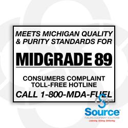 4 Inch Wide x 3 Inch Tall Michigan Fuel Quality Standards 89 Vinyl Decal With Black Text On White Background