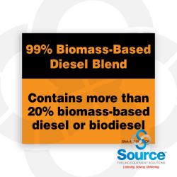 3 Inch Wide x 2-1/2 Inch Tall 99% Biomass-Based Diesel Blend Vinyl Ad Panel Decal With Orange And Black Text On Black And Orange Background