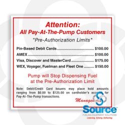 5-3/4 Inch Wide x 5-1/4 Inch Tall Pay At Pump Customer Pre Authorization Limits Vinyl Payment Decal Red And Black Text On White Background