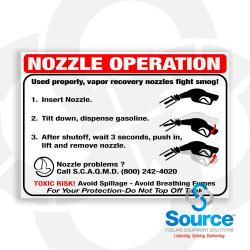 5 Inch Wide x 3-1/2 Inch Tall Nozzle Operation / Vapor Recovery Nozzles Fight Smog S.C.A.Q.M.D. Vinyl Instruction Decal 