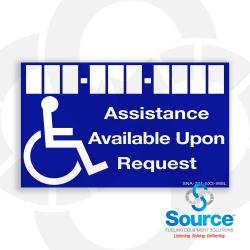 5 Inch Wide x 3 Inch Tall Assistance Available On Request ADA Vinyl Decal With White Text on Blue Background