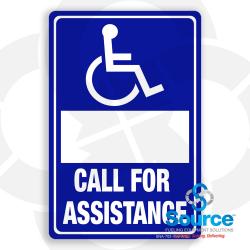 4 Inch Wide x 6 Inch Tall Call For Assistance ADA Dispenser Vinyl Decal With White Text on Blue Background