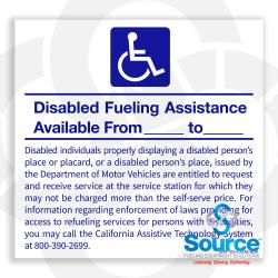 6-1/4 Inch Wide x 6 Inch Tall ADA Disabled Fueling Assistance Available Vinyl Decal With White Wheelchair on Blue Background And Blue Text On White Background