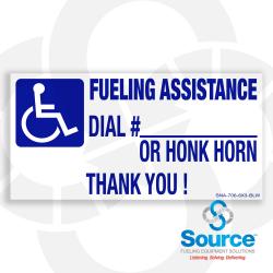 6 Inch Wide x 3 Inch Tall Fueling Assistance Dial # Or Honk ADA Vinyl Decal With Blue Text On White Background