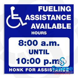8 Inch Wide x 8 Inch Tall ADA Fueling Assistance Hours Vinyl Decal With White Text on Blue Background