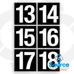 4 Inch Wide x 4 Inch Tall Vinyl 13-18 Pump Number Decal Kit With White Text On Black Background