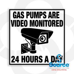 3 Inch Wide x 3 Inch Tall Gas Pumps Are Video Monitored 24 Hours A Day Vinyl Decal With Black Text On White Background