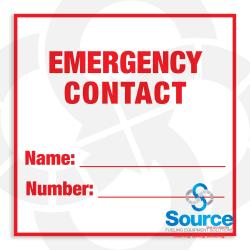 8 Inch Wide x 8 Inch Tall Emergency Contact Vinyl Decal With Red Text On White Background