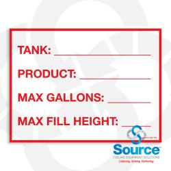 8 Inch Wide x 6 Inch Tall Tank Product Max Gallons Max Fill Vinyl Decal With Red Text On White Background
