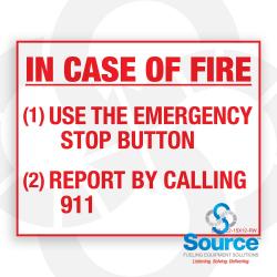 15 Inch Wide x 12 Inch Tall In Case Of Fire Use Emergency Stop Call 911 Vinyl Decal With Red Text On White Background