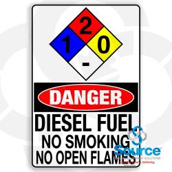 12 Inch Wide x 18 Inch Tall Diesel Fuel Danger And 1-2-0 Fire Diamond Vinyl Decal With Black Text On Red And White Background