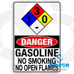 12 Inch Wide x 18 Inch Tall Gasoline Danger And 1-3-0 Fire Diamond Vinyl Decal With Black Text On Red And White Background